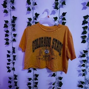 Cropped yellow t shirt, olive green writing. Size medium.